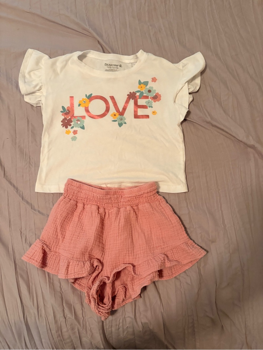 BearPaw White 'LOVE' Graphic Tee with Pink Ruffle Shorts - Kids
